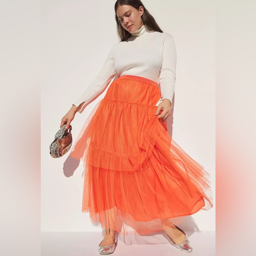 NWT- Anthropologie Evelyn Tiered Tulle Dot Lace Midi Skirt Orange- Size 2X Plus